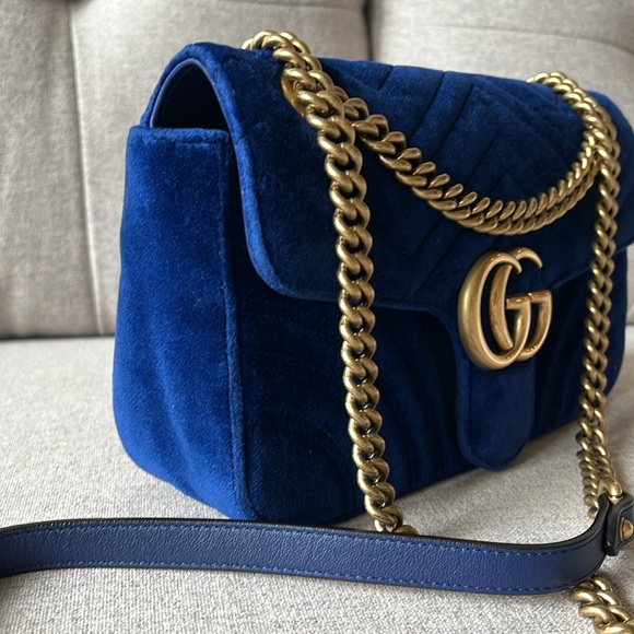 New Gucci GG Velvet Matelasse Small Marmont Shoulder Bag Cobalt Blue - Picture 6 of 17